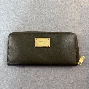 Michael Kors Army Green Leather Zip Around Wallet Continental Gold Logo Hardware